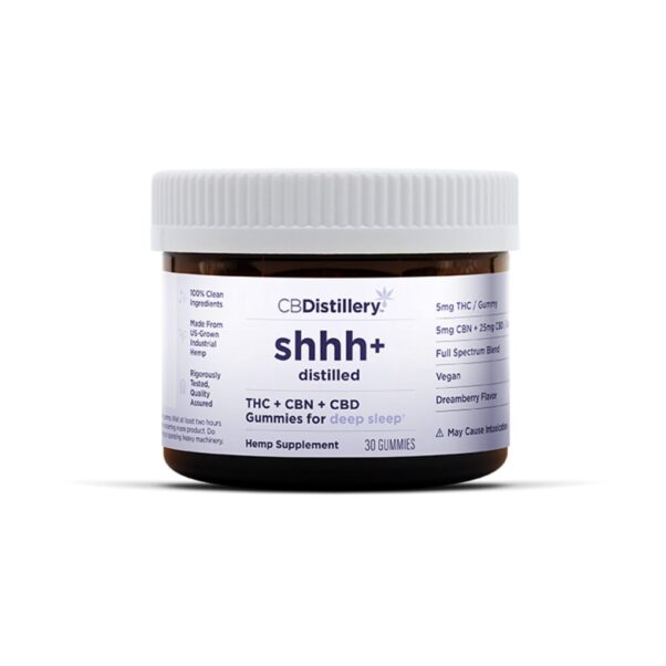 CBDistillery, Shhh+ Distilled THC + CBN + CBD Gummies for Deep Sleep, Dreamberry, Full Spectrum, 30ct, 150mg THC + 150mg CBN + 750mg CBD