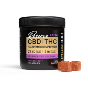 PlusCBD, Reserve Extra 5mg THC + 25mg CBD Gummies, Dragon Fruit, Full Spectrum, 30ct, 150mg THC + 750mg CBD